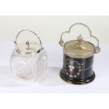Late Victorian biscuit barrel, with silver plate lift up lid and swing handle, the body decorated