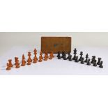 Ebony and boxwood chess set (unmarked, one associated plastic pawn), the tallest piece 7cm, housed