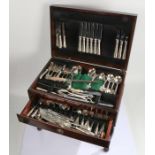 Part canteen of silver plated cutlery, housed within a mahogany canteen with red leather hinged