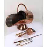 Victorian copper coal scuttle and shovel, together with a pair of tongs, two fire irons and a