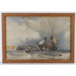 19th Century print after William Callow, sailing ship in rough seas off a harbour, indistinctly