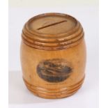 Mauchline ware money box, of barrel form depicting Edinburgh Castle, 7.5cm high