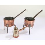 Pair of small 19th Century copper and iron pans, each having iron handles, copper bowls raised on