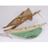 Folk art type pond yacht, entitled 'Shamrock', with green painted hull, fabric sail, 40cm long