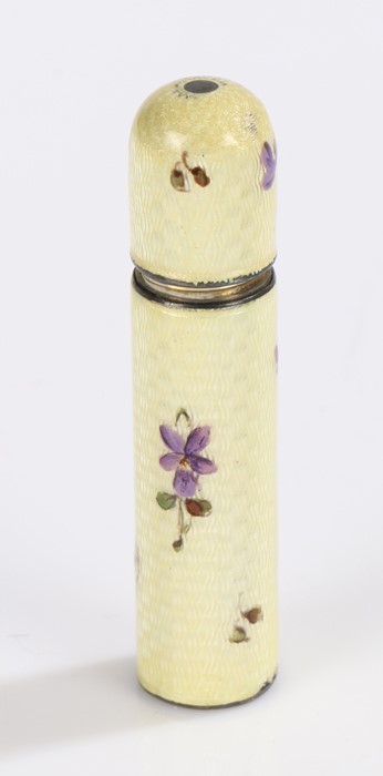 Sterling silver and enamel scent bottle, of cylindrical form, the screw top enclosing and ivorine