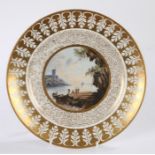 Early 20th Century porcelain cabinet plate, having gilt floral rim and centred with figures by a