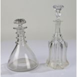 19th Century glass decanter, with fluted body and associated stopper, together with a glass ships