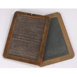 Two wooden framed school slates, with rounded corners, each 22cm high (2)
