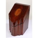 George III mahogany knife box, of typical shaped form, the hinged lid inlaid with satinwood shell