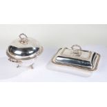 Silver plated entree dish, with detachable handle to the gadrooned cover above a gadrooned