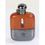 James Dixon & Sons silver plated hip flask, with screw top, half leather body and silver plated cup,