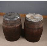 Pair of oak coopered barrels, each with detachable lead tops, each approx. 70cm tall (2)
