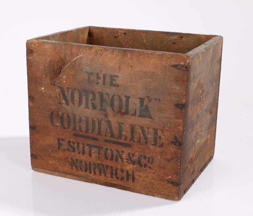 Early 20th Century folk art type pine advertising box, stencilled with 'The Norfolk Cordialine' F.