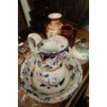 Collection of pottery, to include a wash basin and jug, a Japanese satsuma vase a teapot and cover