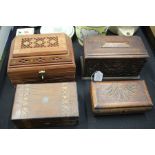 Wooden boxes, to include Victorian mahogany and marquetry inlaid jewellery box, oak musical box, oak