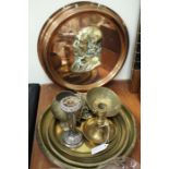 Copper and brass ware, to include two copper and brass wall plaques depicting Dickens and another