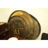 Oval brass tray with animal and foliate decoration, circular brass benares tray, Oriental circular