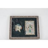 Victorian affection card and Christmas greeting bouquet card, mounted in a glazed box frame