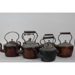 Collection of copper teapots, 19th Century examples with five rounded form and one rectangular (6)