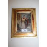 19th Century oil on board, courting couple on a terrace, housed in a gilt glazed frame, the oil