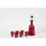 Ruby glass and white metal overlaid decanter and glass set, decorated wit a Venetian style scene, (