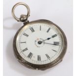 Ladies Victorian silver open face pocket watch, the white enamel dial with Roman numerals and