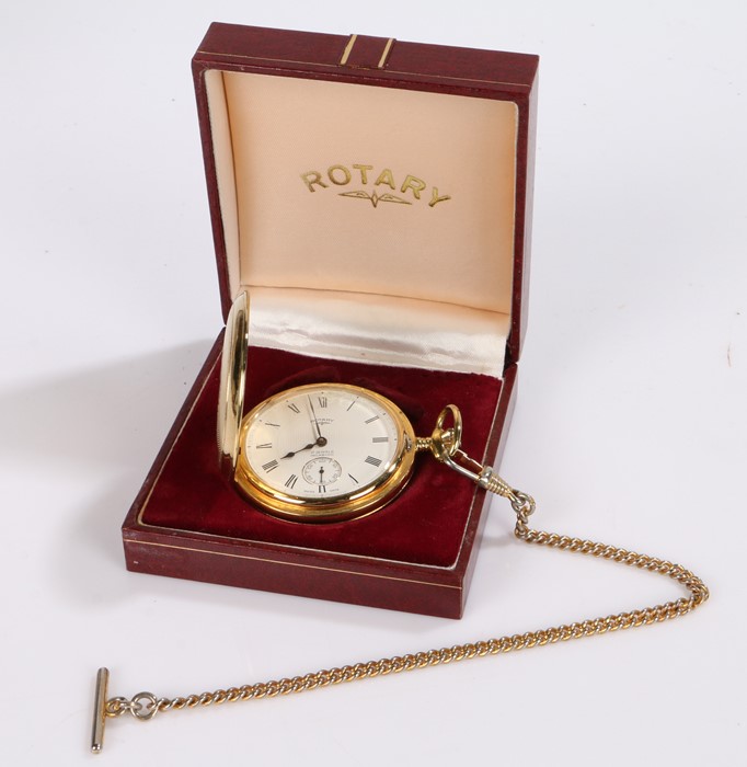 Rotary gold plated hunter pocket watch, the case with shield shaped vacant cartouche, the white dial