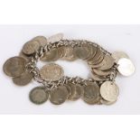 Silver coin bracelet made of three pence pieces, with silver links, gross weight 73.5g