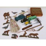 Toys to include Dinky coach, tractor, Tri-ang jeep, wooden animals, parachutist with metal body,