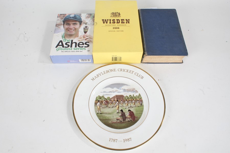 Cricket interest, items to include MCC seat cushion, Wisden 2006 Special edition, the fight for