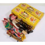 Two Pelham puppets, scullery maid with mop and bucket, figure with yellow clogs, boxed (2)