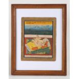 Indian School, hand painted study of an erotic scene, possibly on card, housed within a wooden and