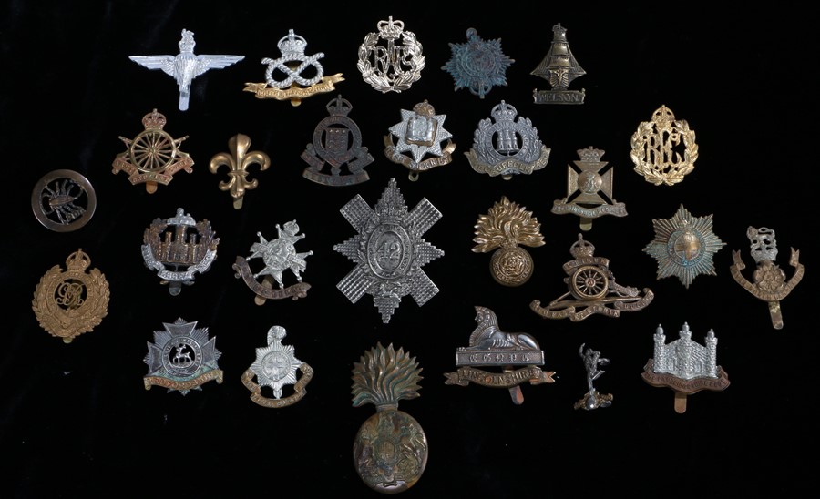 Selection of original and reproduction British army badges, Royal Fusiliers, East Surrey Regiment,