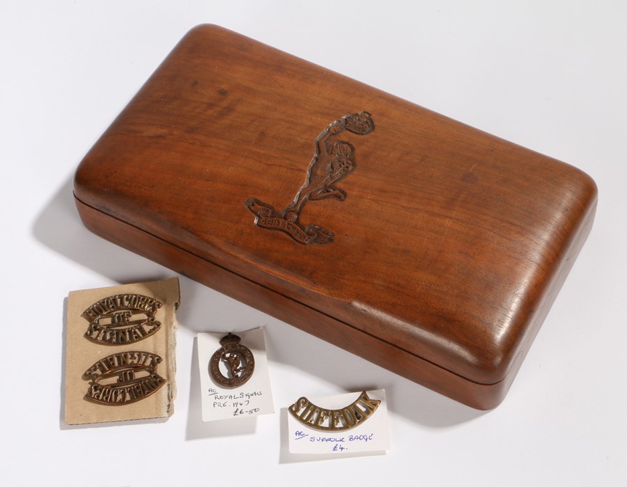 Wooden box with the badge of the Royal Corps of Signals (Kings Crown) carved into the lid,