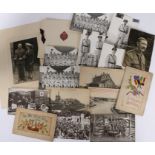 Two First World War silk embroidered postcards, others showing scenes from the front line and