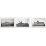 Three framed photographs of British Warships,H.M.S. Wakeful, H.M.S. Barham, H.M.S. Uganda, all