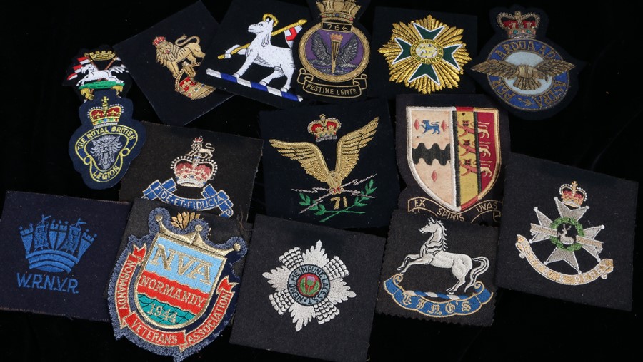 Collection of blazer badges, Kings Regiment, Lancashire Fusiliers, Royal Air Force, Queens Regiment,