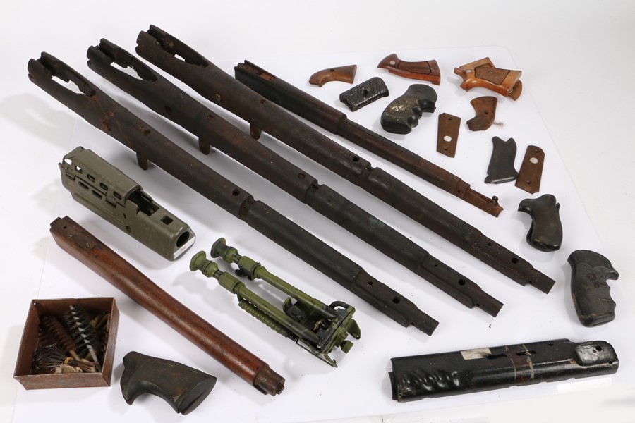 Collection of rifle and pistol furniture including grips, forestocks, bipod, etc, (qty)