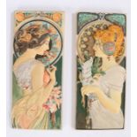 After Alphonse Mucha, a pair of Art Nouveau style plaques, each depicting ladies in profile