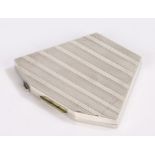 Art Deco white metal card case, of shaped form, the hinged lid with engine turned decoration