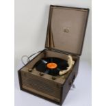 HMV table top record player, with hinged lid and label to the underside, 37.5cm wide