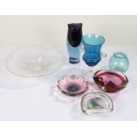 Seven items of Art glass, to include Czechoslovakian blue and amethyst vase, a clear glass dish of