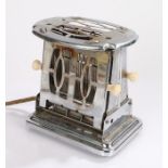 Art Deco style chrome toaster, each with dropdown sides and raised on a rectangular stepped base,