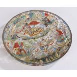 Spanish enamelled glass shallow dish, painted with medieval style figures on horseback, with Spanish