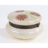 Loetz type glass casket, of circular form, the hinged lid painted with flowers, brass rim with S