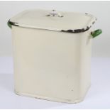 1960's/70's enamel bread bin, with lift up lid, green writing and handles, 31.5cm high