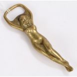 Art Deco novelty brass bottle opener, in the form of a nude lady, 12cm high