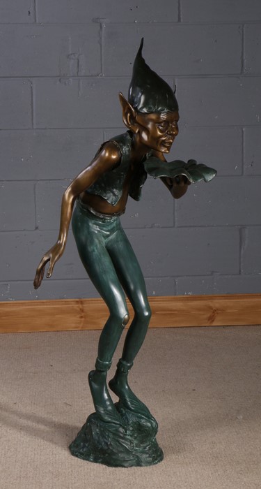 Large floor standing bronzed elf, modelled in a standing position holding a leaf, 130cm high