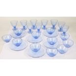 Suite of mid 20th Century blue glassware, consisting of eleven finger bowls, nine wine glasses and