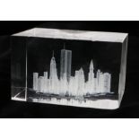 1990's glass paperweight, depicting New York City skyline, unsigned, 10cm wide